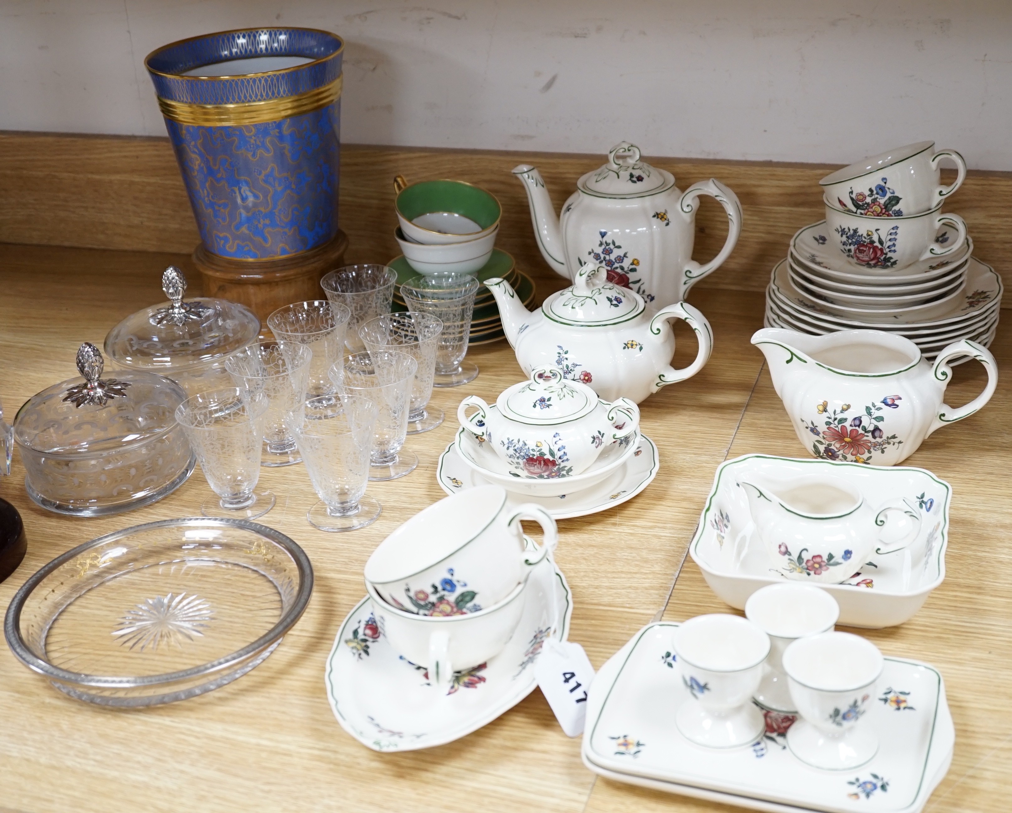 A Villeroy and Bosch part tea service, a French silver mounted cut glass dish, two 925 sterling mounted lidded dishes etc.